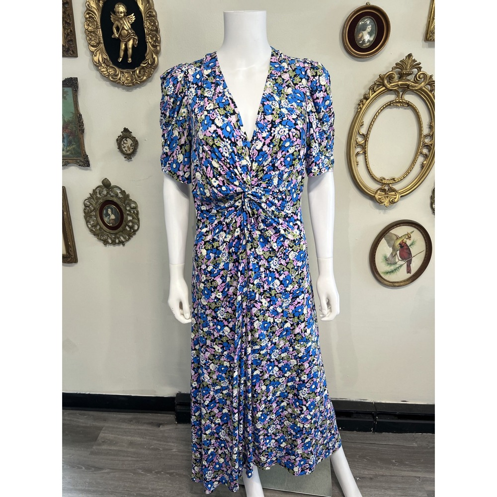 Jigsaw London Blue Floral Print Twist Front Short Sleeve Midi Dress Size L